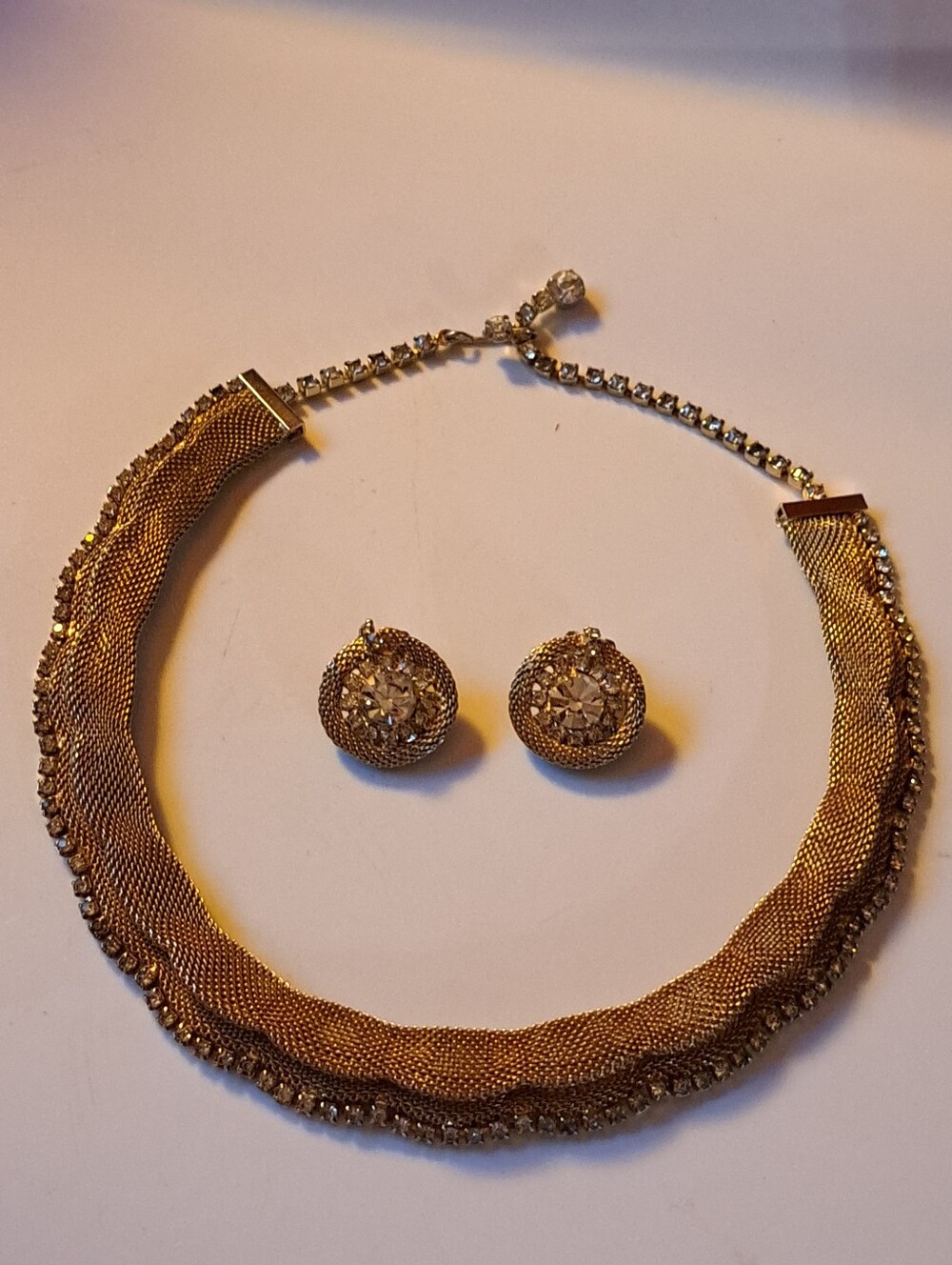 Mid-Century Hattie Carnegie Demi-Parure Costume Jewelry Mesh Necklace & Earrings